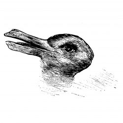 Duck-rabbit optical illusion showing two interpretations of the same image. 